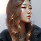 Digital artwork: Woman with wavy hair, freckles, jacket, soft backlight