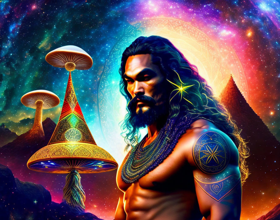 Colorful digital illustration of muscular man with tattoos in cosmic setting.
