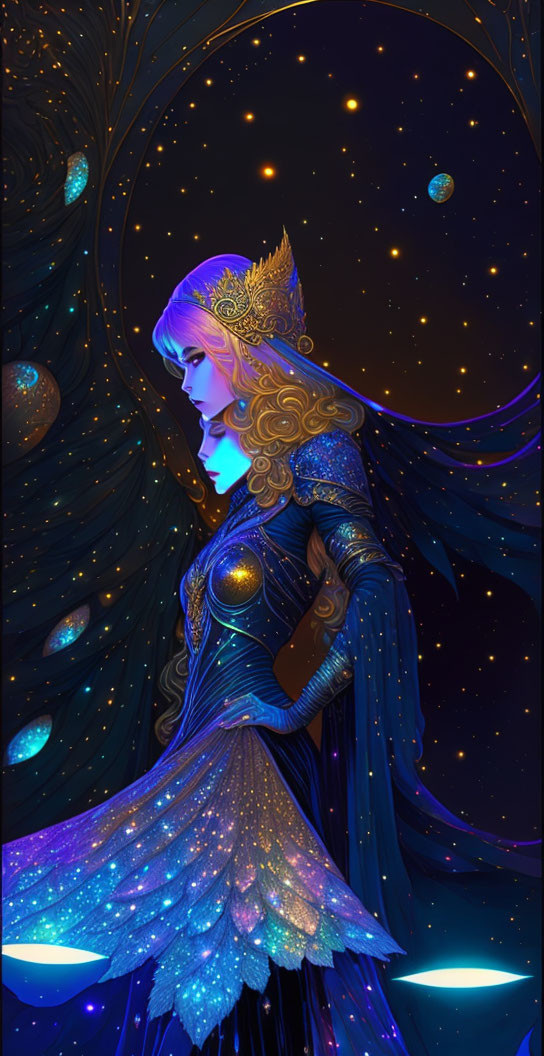 Majestic female figure in golden armor and blue gown under starry night sky