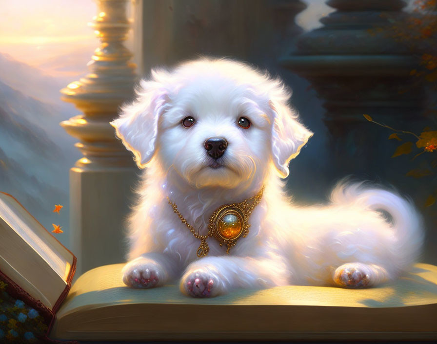 Fluffy White Puppy with Golden Pendant on Open Book in Serene Setting