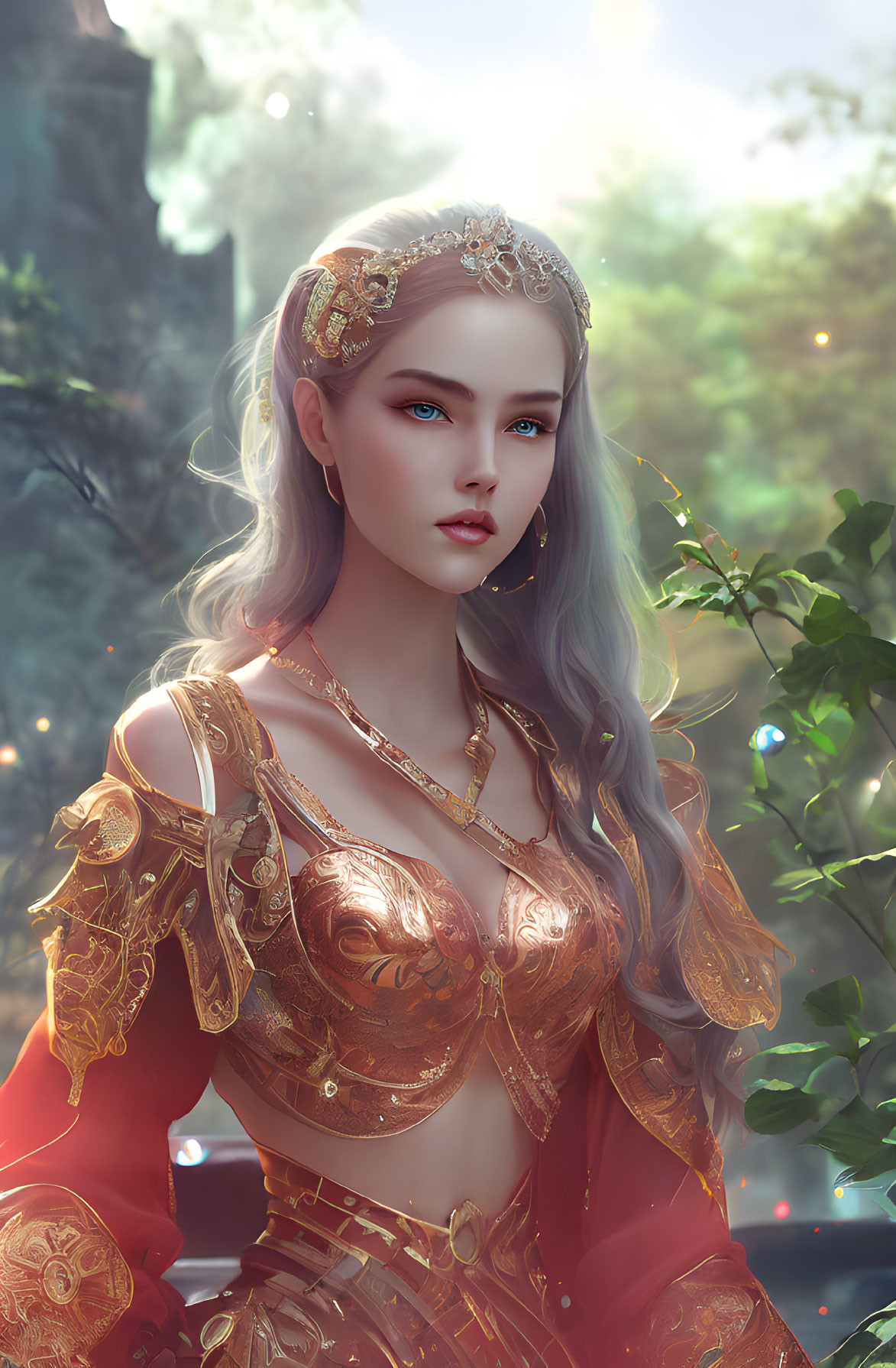 Fantasy illustration of woman in gold crown and armor in magical forest