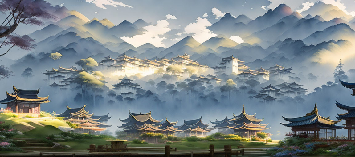 Digital painting of Asian pagoda and misty mountains with sunlight.