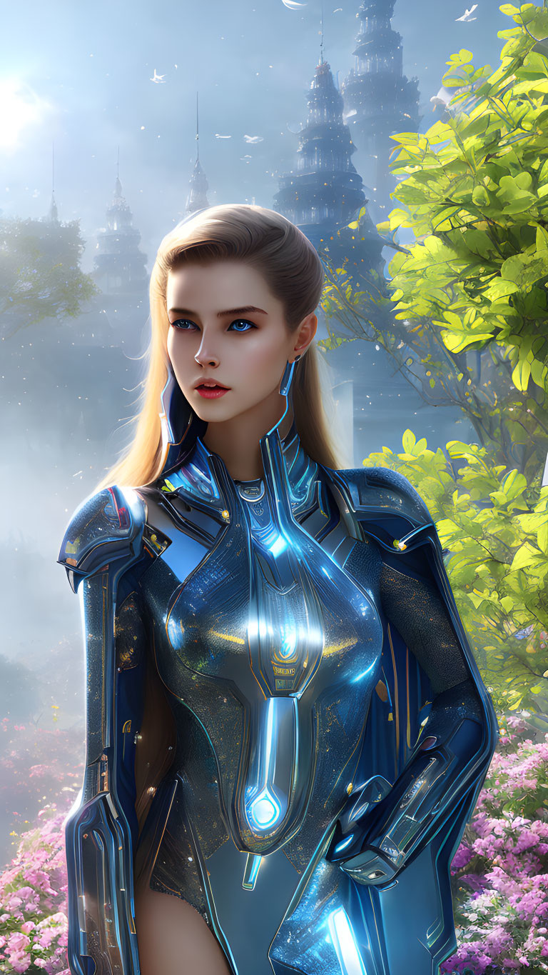 Futuristic woman in blue exosuit against advanced spires and greenery