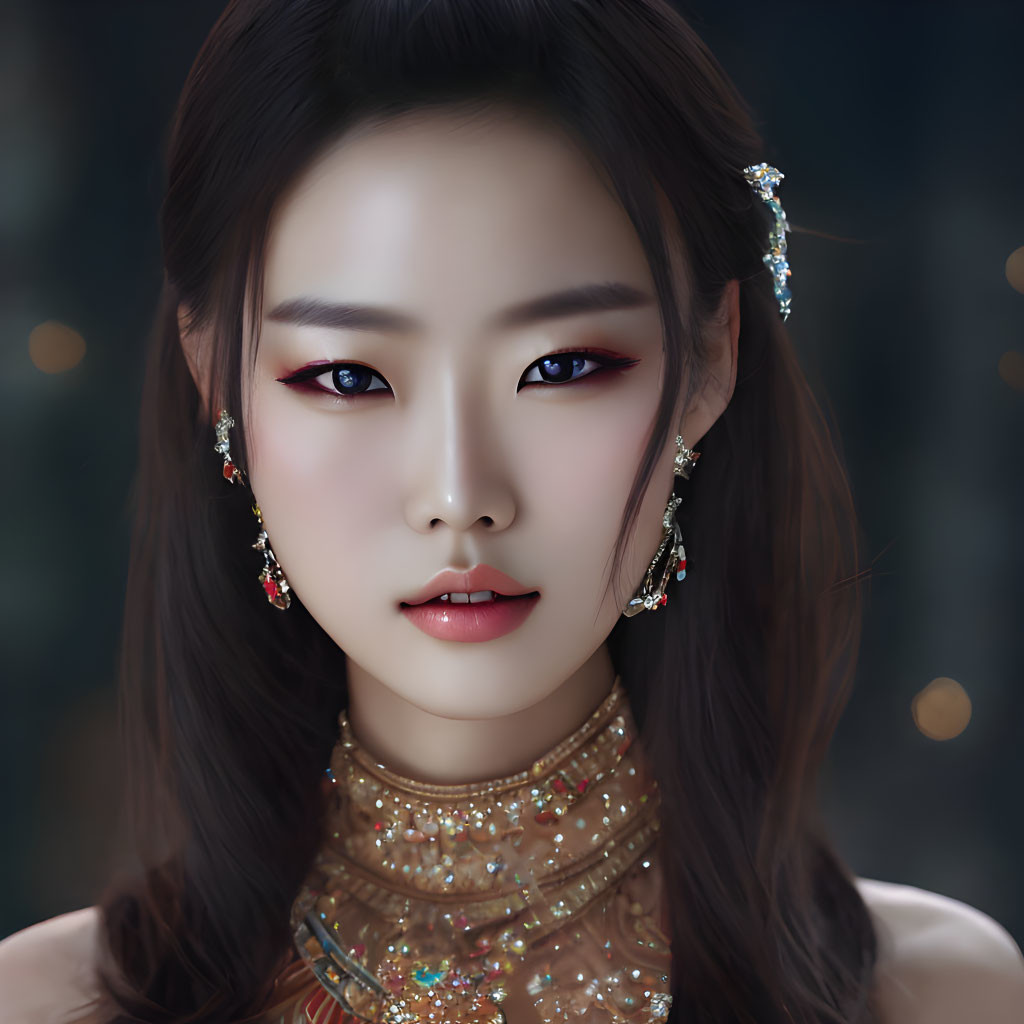Digital portrait of a woman with bold makeup and sparkling jewelry in bejeweled top.