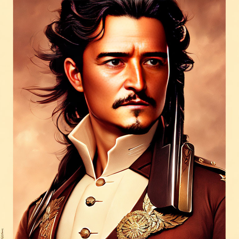 Detailed illustration of man in military-style uniform with mustache and long hair