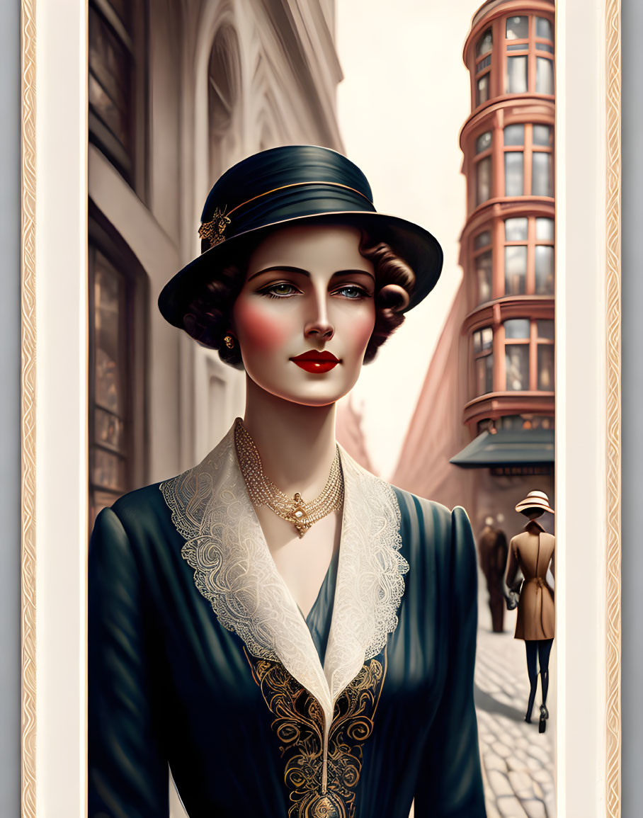 Vintage-style illustration of an elegant woman in street setting