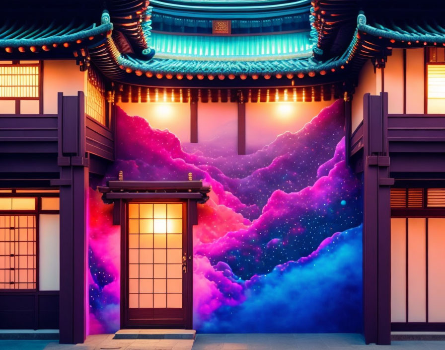 Traditional Asian Building with Vibrant Cosmic Sky Mural