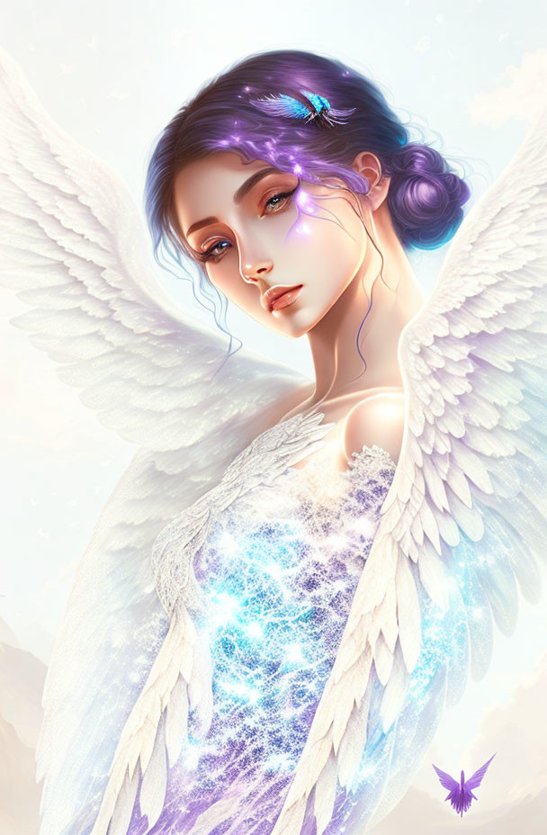 Purple-haired angel with white wings in glowing blue dress on clouded background