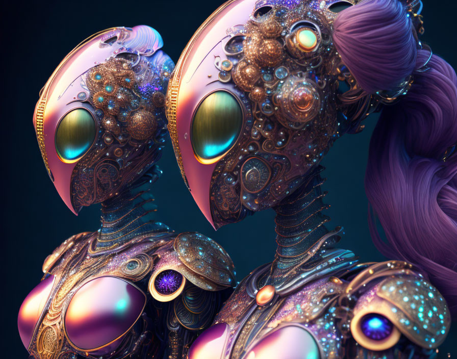 Steampunk-style robots with intricate designs on dark background