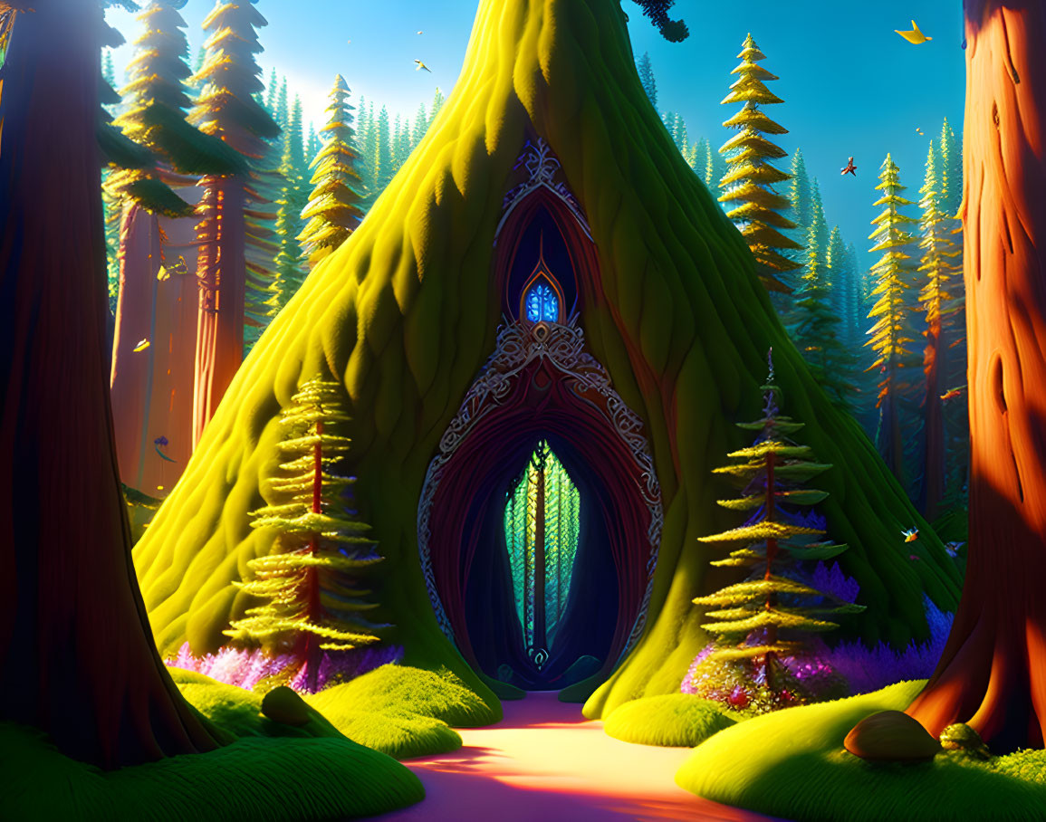 Mystical Tree Door in Enchanted Forest with Vibrant Colors