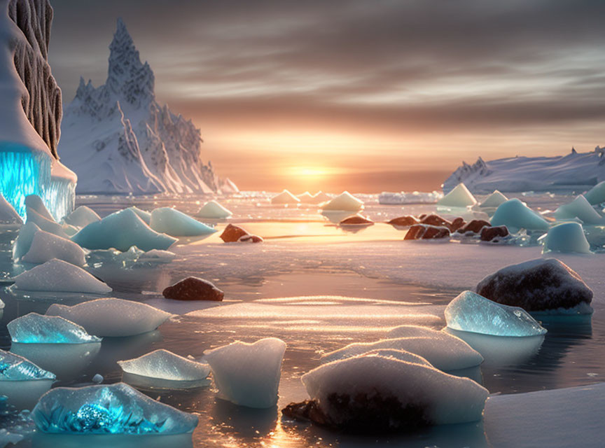 Frozen landscape sunset with ice-covered waters and glowing ice pieces.