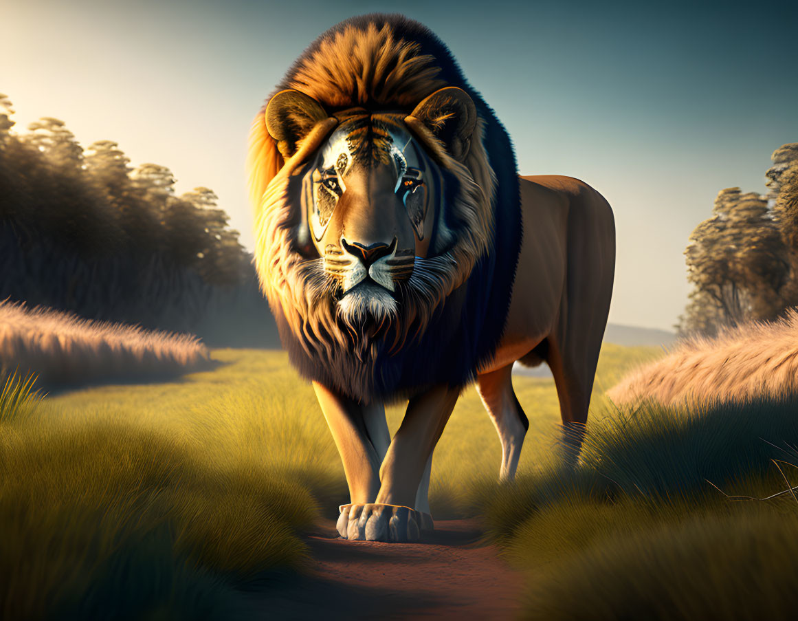 Majestic lion in serene savanna at sunrise or sunset