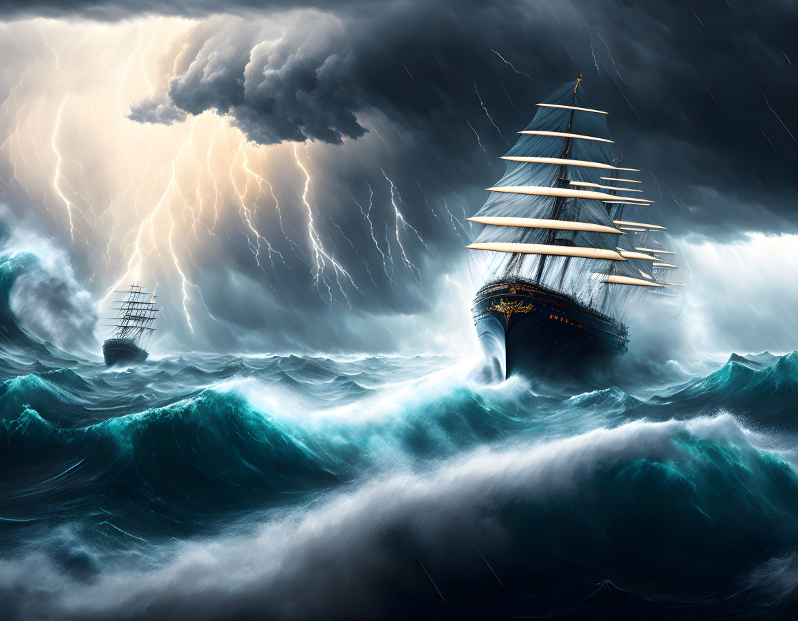 Tall ships in stormy seas with lightning bolts and dark clouds
