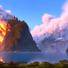 Majestic castle on cliff with lush greenery and erupting volcano
