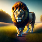 Majestic lion in serene savanna at sunrise or sunset