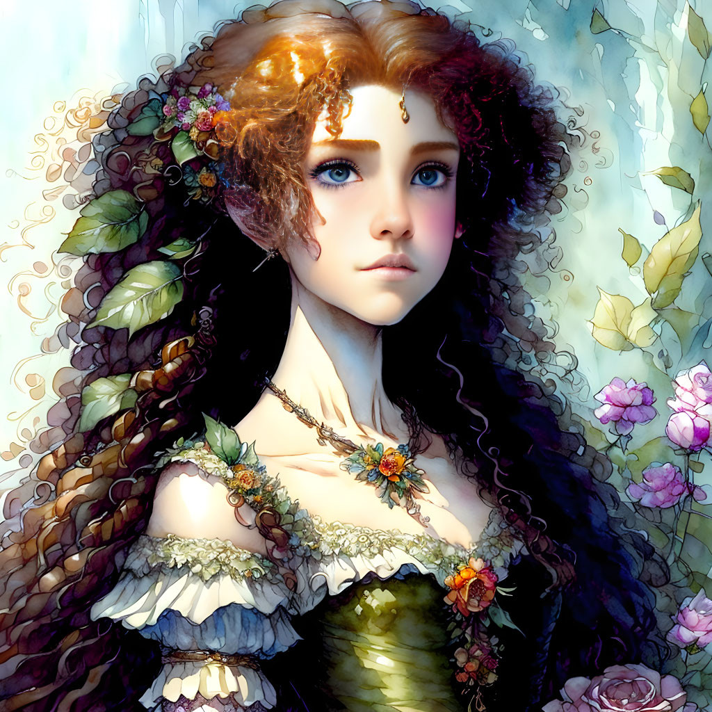 Vibrant illustration of young woman with blue eyes in floral fantasy setting