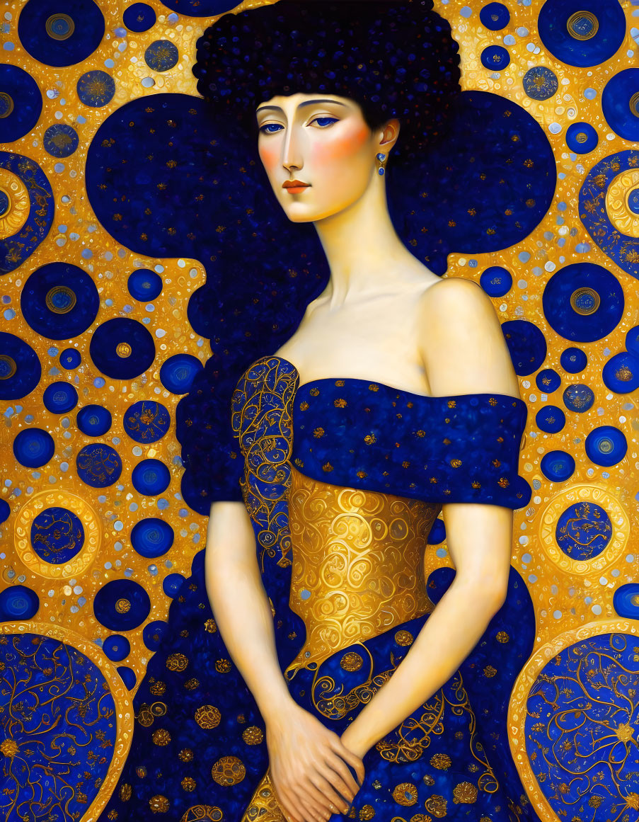 Stylized portrait of woman in ornate hat and blue dress surrounded by peacock feather-like designs