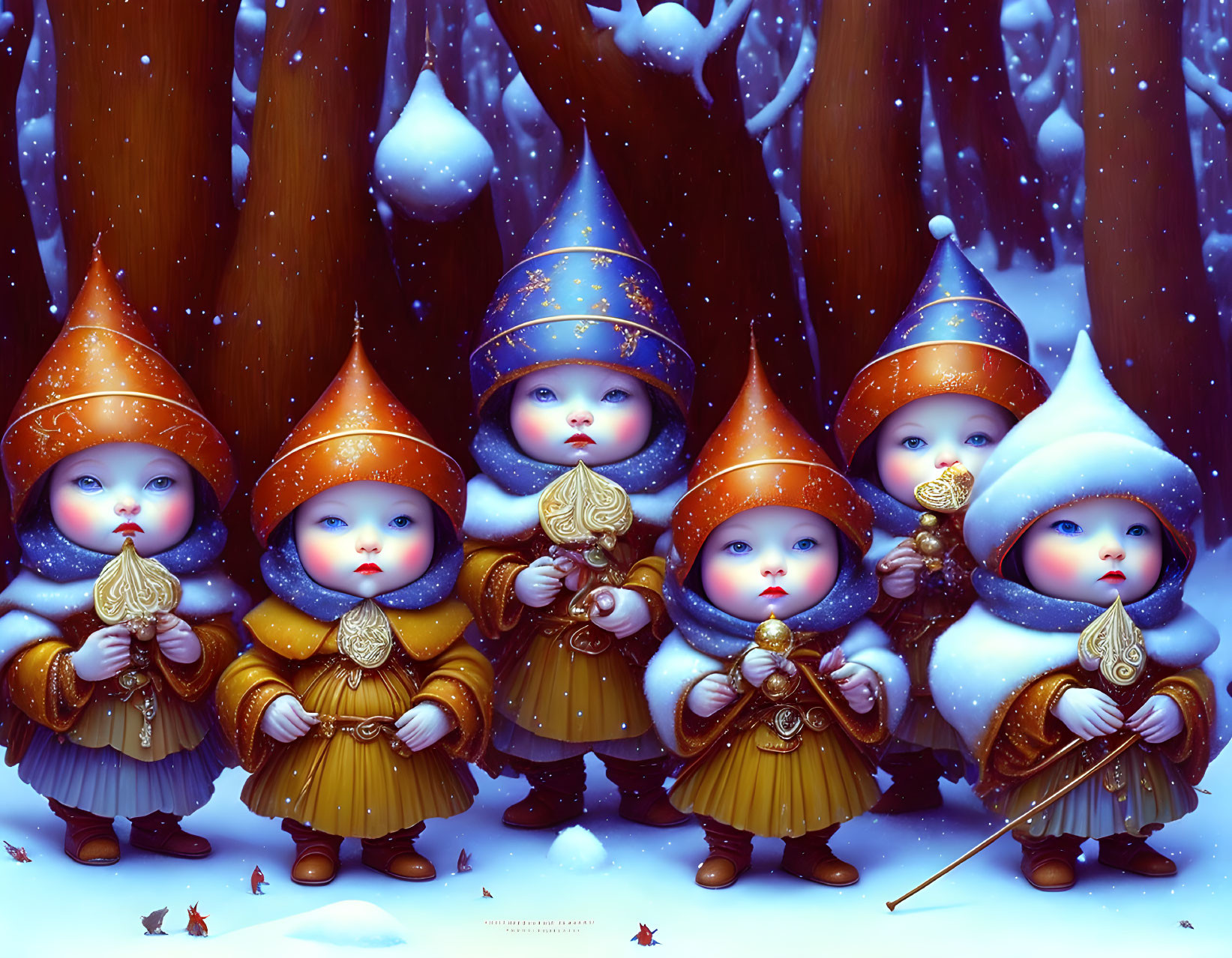 Colorful medieval fantasy characters in snowy forest