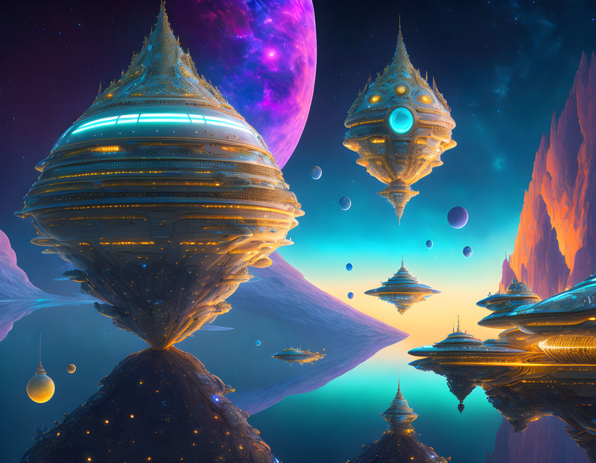 Futuristic cityscape with floating ornate buildings under a purple sky and giant planets, reflected in