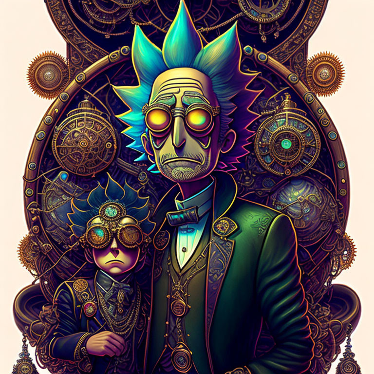 Exaggerated characters with blue hair and steampunk goggles in front of golden gears.