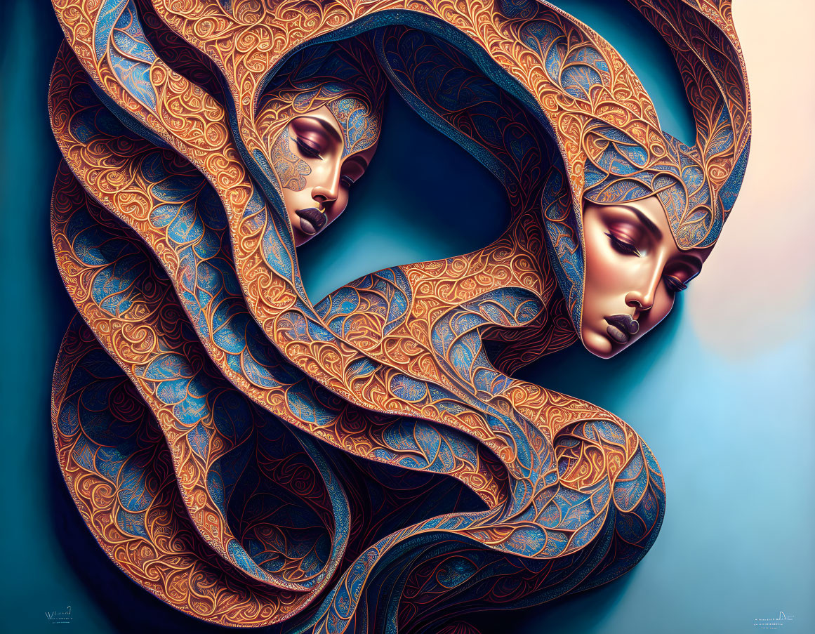 Symmetrical gold and blue patterned faces on teal background