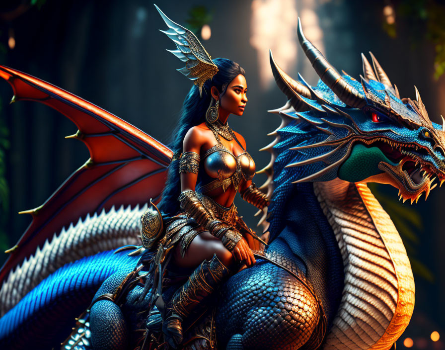 Hot amazonian woman riding a dragon