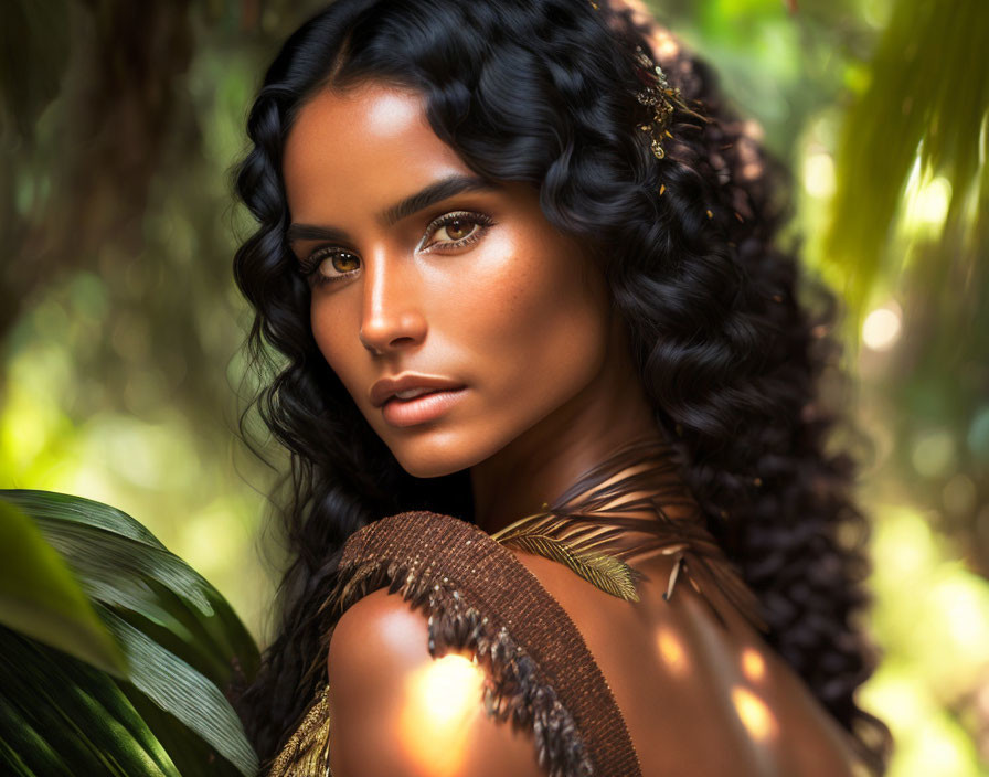 Curly-Haired Woman in Golden Makeup in Jungle Setting