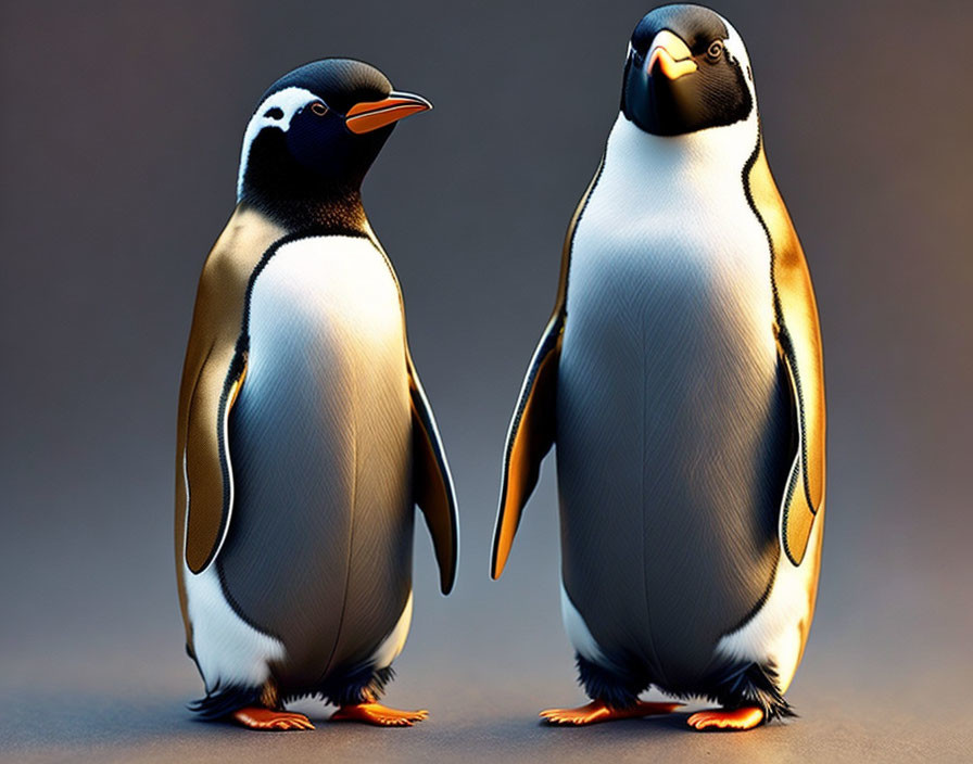 Two penguins in animation against gradient backdrop