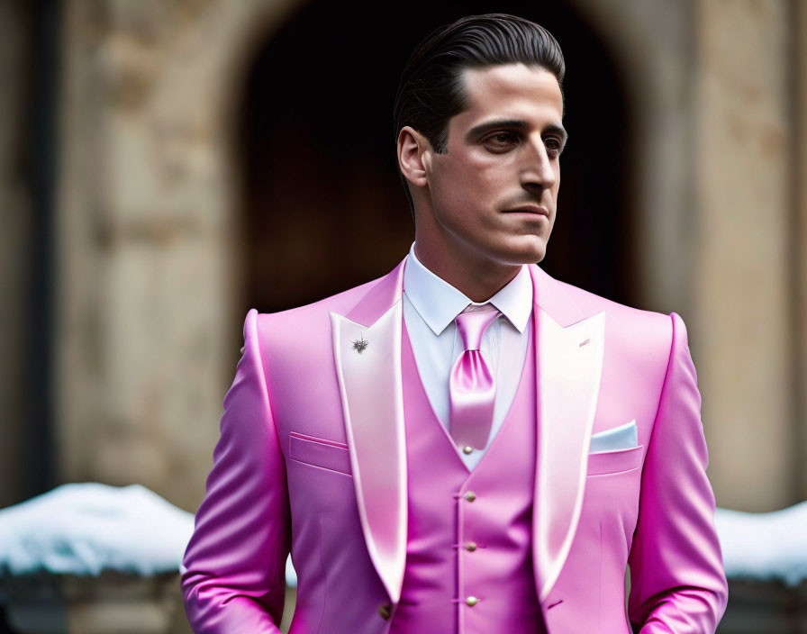 Stylish man in pink suit with peaked lapel and silver brooch
