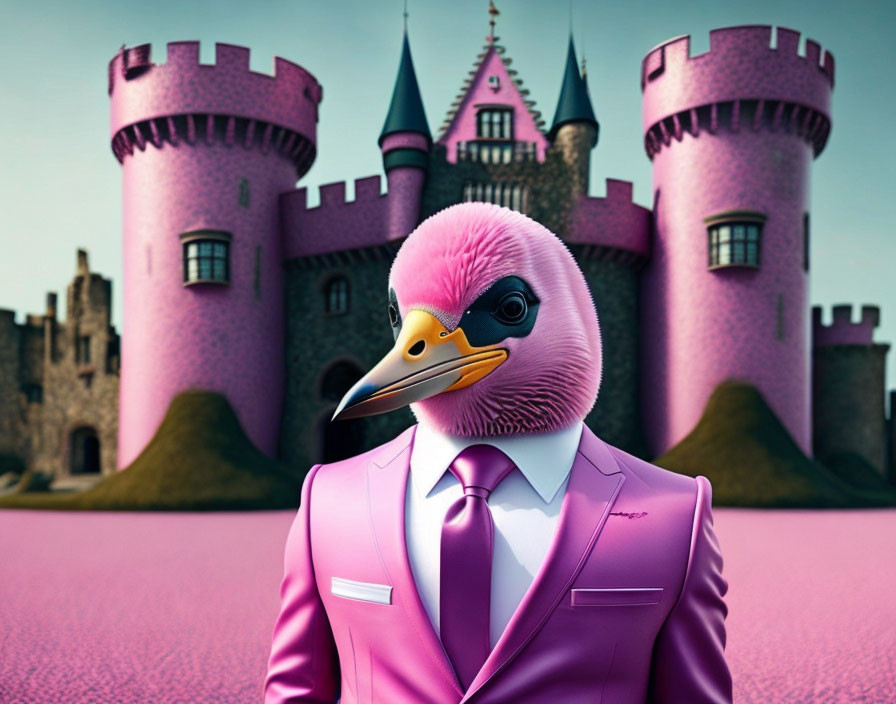 Digital artwork: flamingo with human body in pink suit at pink castle