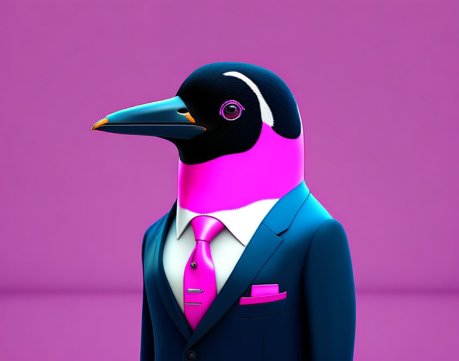 Digital artwork: Penguin head on human body in suit and tie on purple background