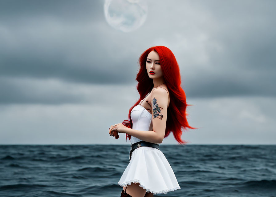 Red-haired woman with arm tattoo in white outfit by stormy sea and moonlit sky
