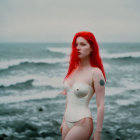 Red-haired woman with arm tattoo in white outfit by stormy sea and moonlit sky