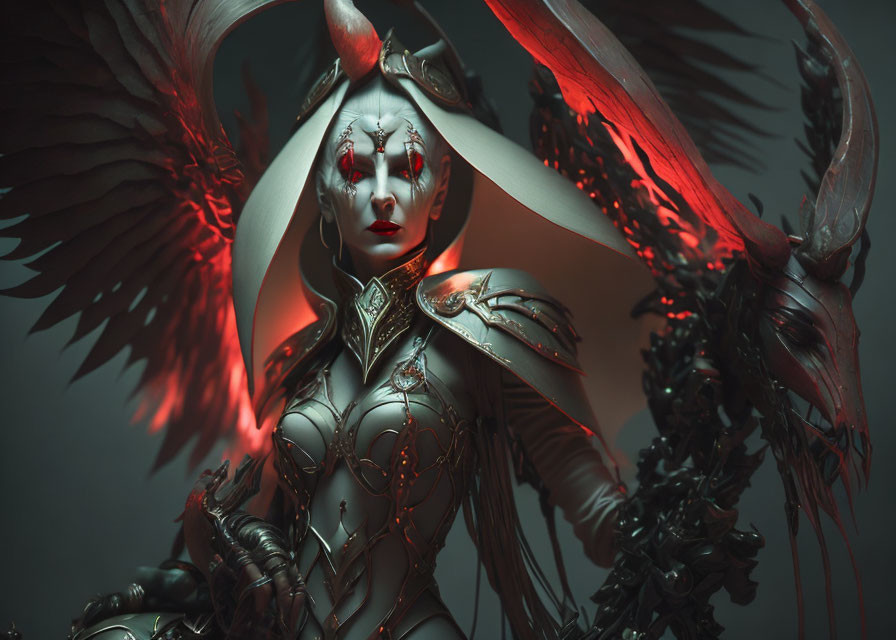 Pale-skinned figure in dark armor with wing-like structures and red eyes.