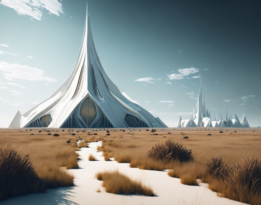 Futuristic cityscape with spire-like buildings in desert landscape