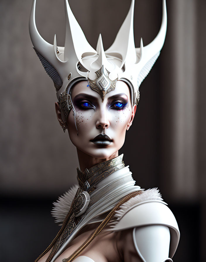 Pale person with dramatic makeup and blue eyes in white and silver horned headpiece
