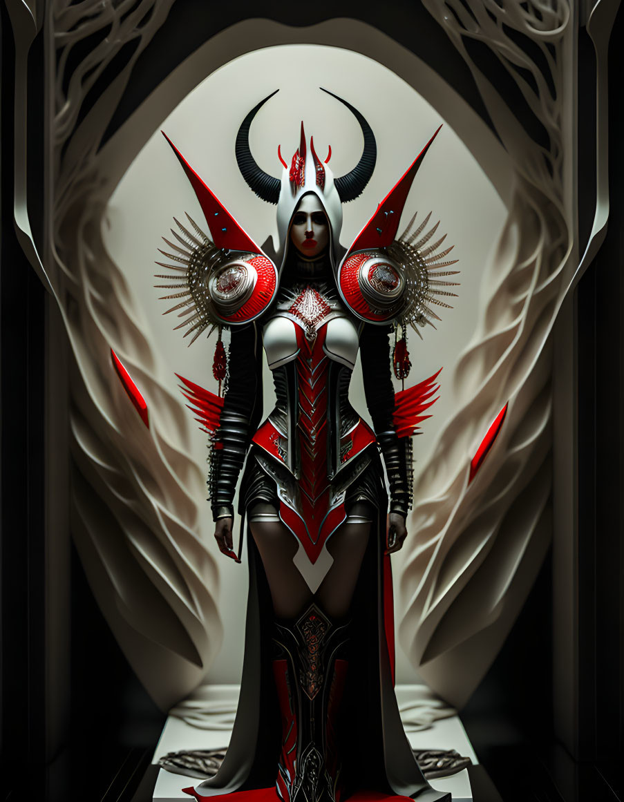 Stylized character in black and red armor with horned helmet and ornate shoulder plates.