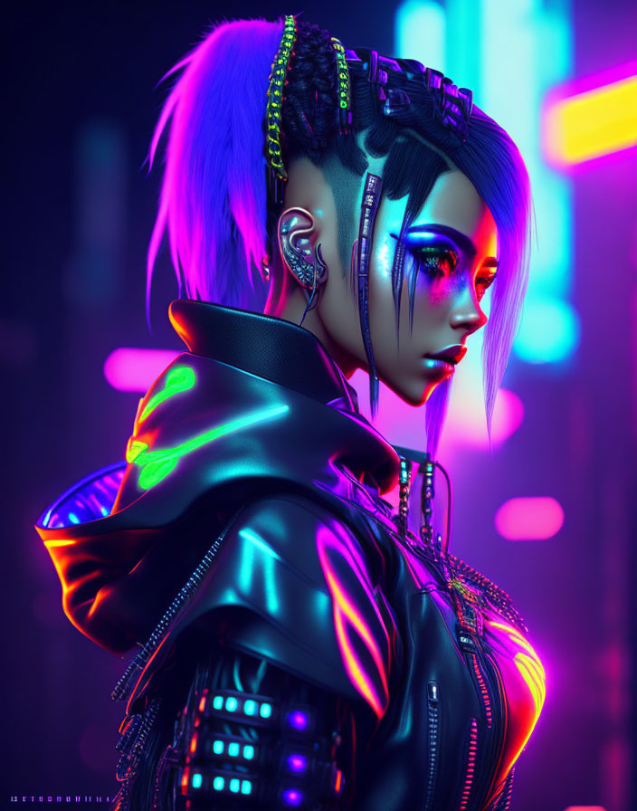 Cyberpunk female character with neon enhancements in urban setting