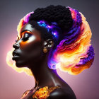 Surreal woman's profile merging with universe and celestial elements