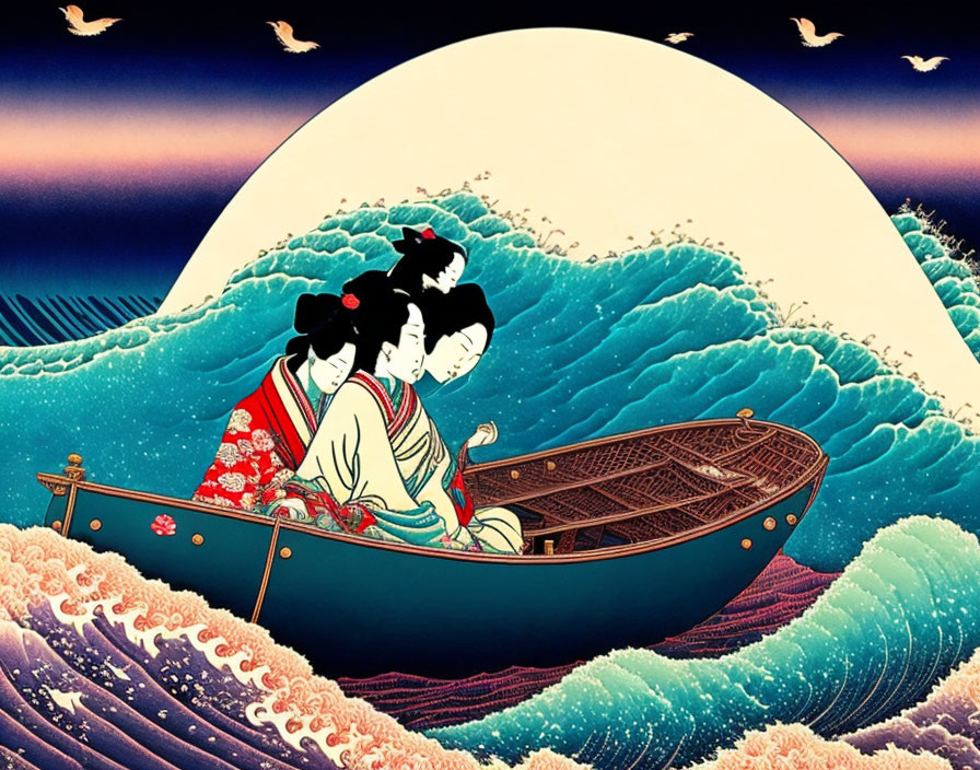 Traditional Japanese attire: Three women in wooden boat with stylized sea, birds, and large moon