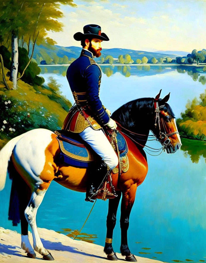 Elegantly dressed rider on horse near river under clear sky