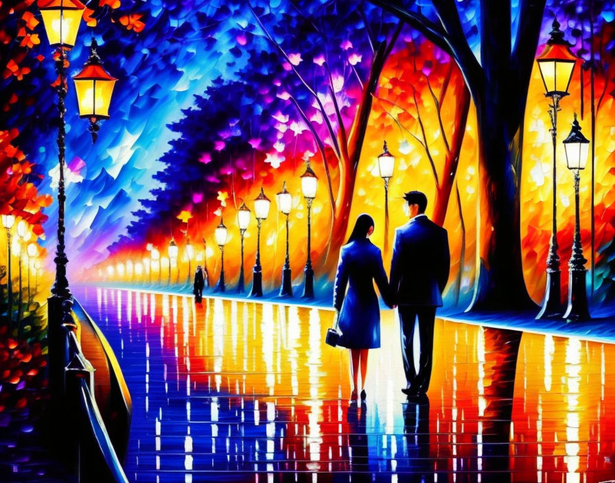 Couple walking on colorful tree-lined path at night
