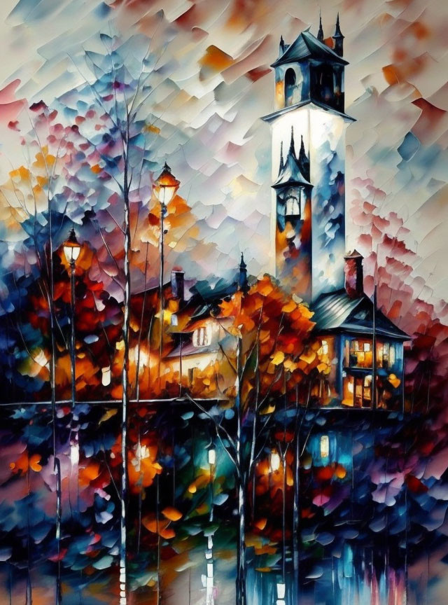 Vibrant Impressionistic Painting of Autumn Village Scene