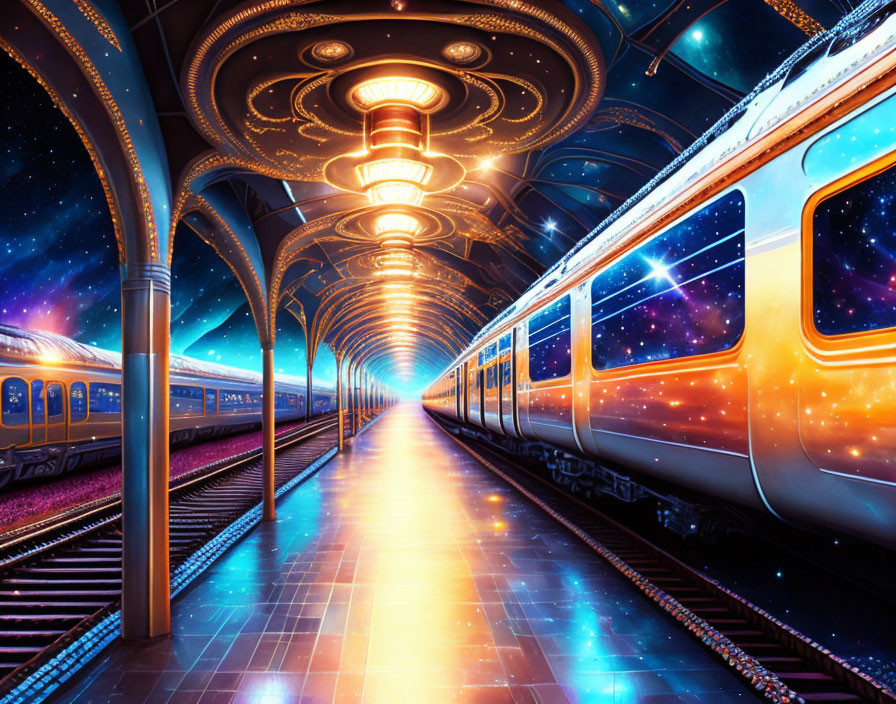 Futuristic train station with glowing orange train amid cosmic backdrop