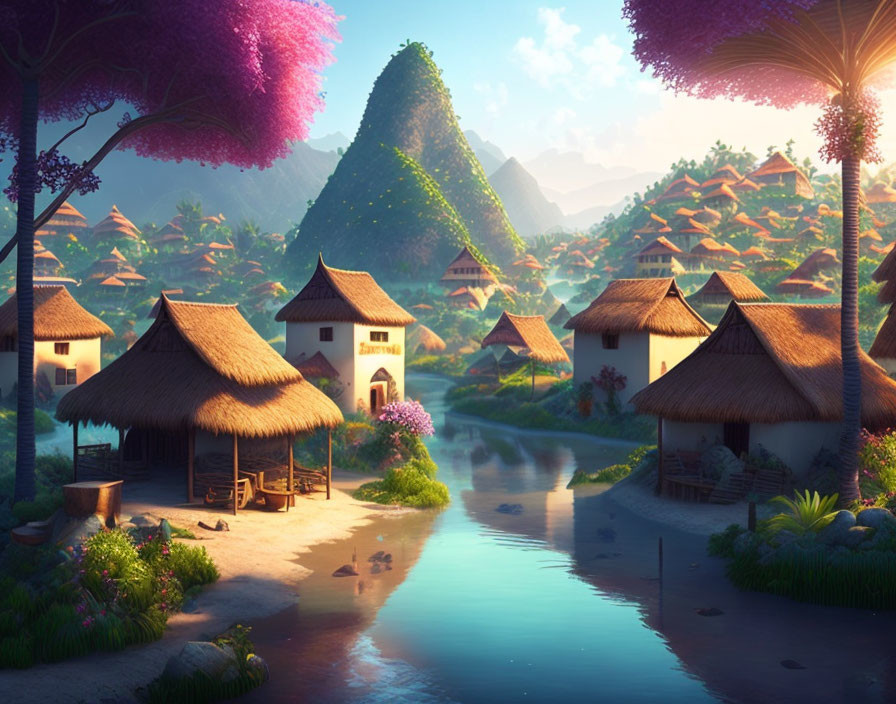 Scenic village with thatched huts, greenery, mountains, and sunrise reflection