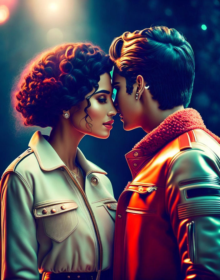 Illustration of romantic couple in detailed retro attire and hairstyles