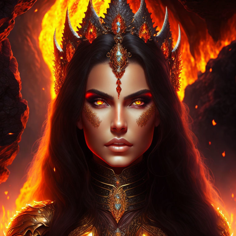 Fantasy female character portrait with fiery eyes, gold and red crown, and armor in flame backdrop.