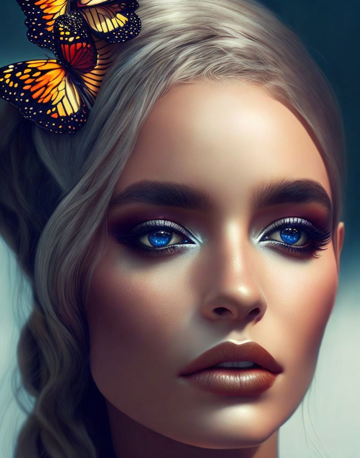 Portrait of Woman with Striking Blue Eyes and Butterfly in Blonde Hair