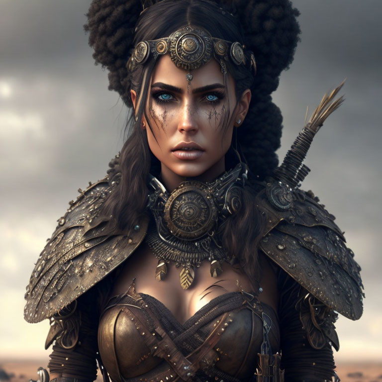 Detailed warrior woman digital artwork with tribal face markings and ornate headpiece against stormy sky