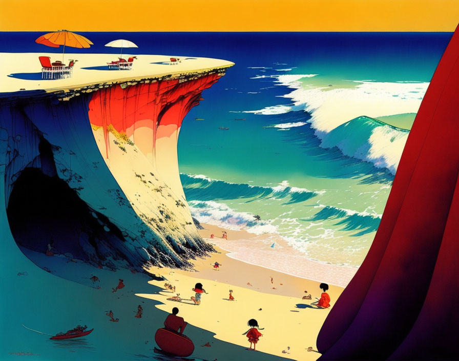 Surreal beach scene with giant wave, sunbathers, and red structure